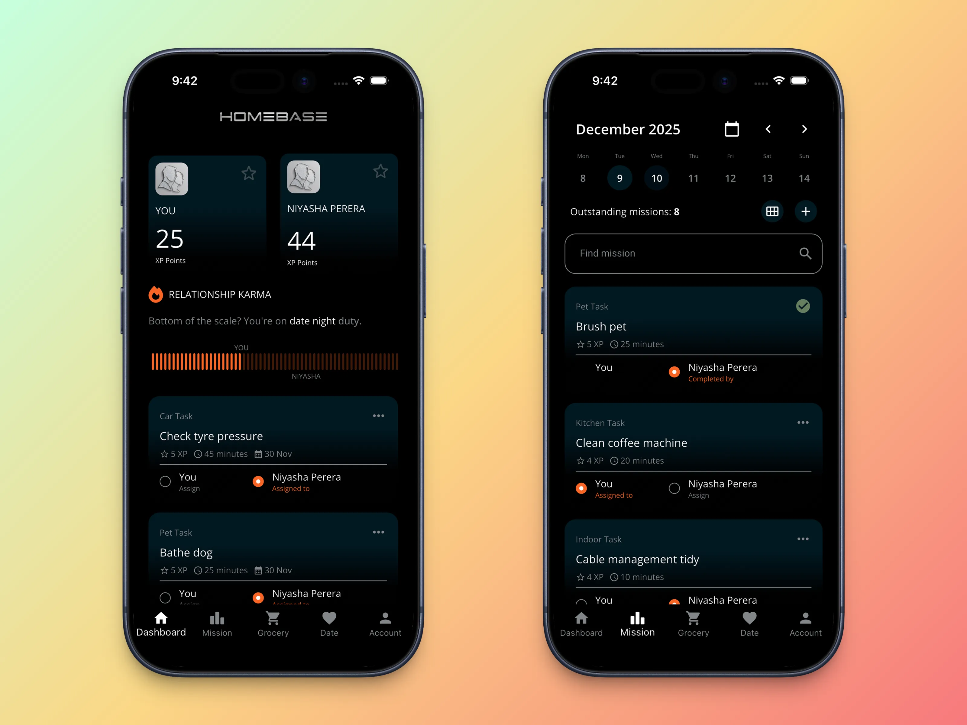HOMEBASE dashboard and mission screens