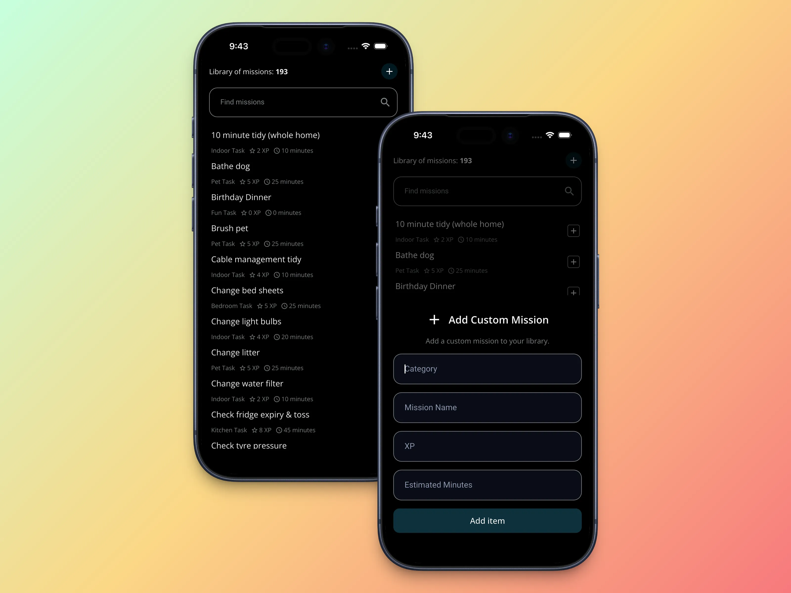 HOMEBASE mission library and custom mission screens
