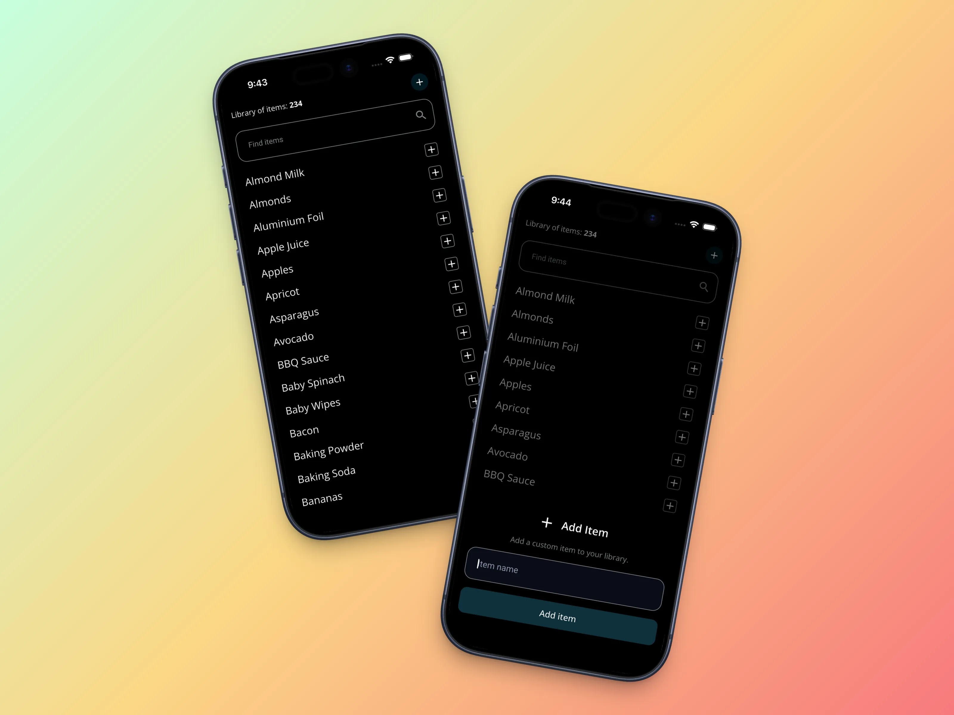 HOMEBASE grocery list and custom grocery item screens