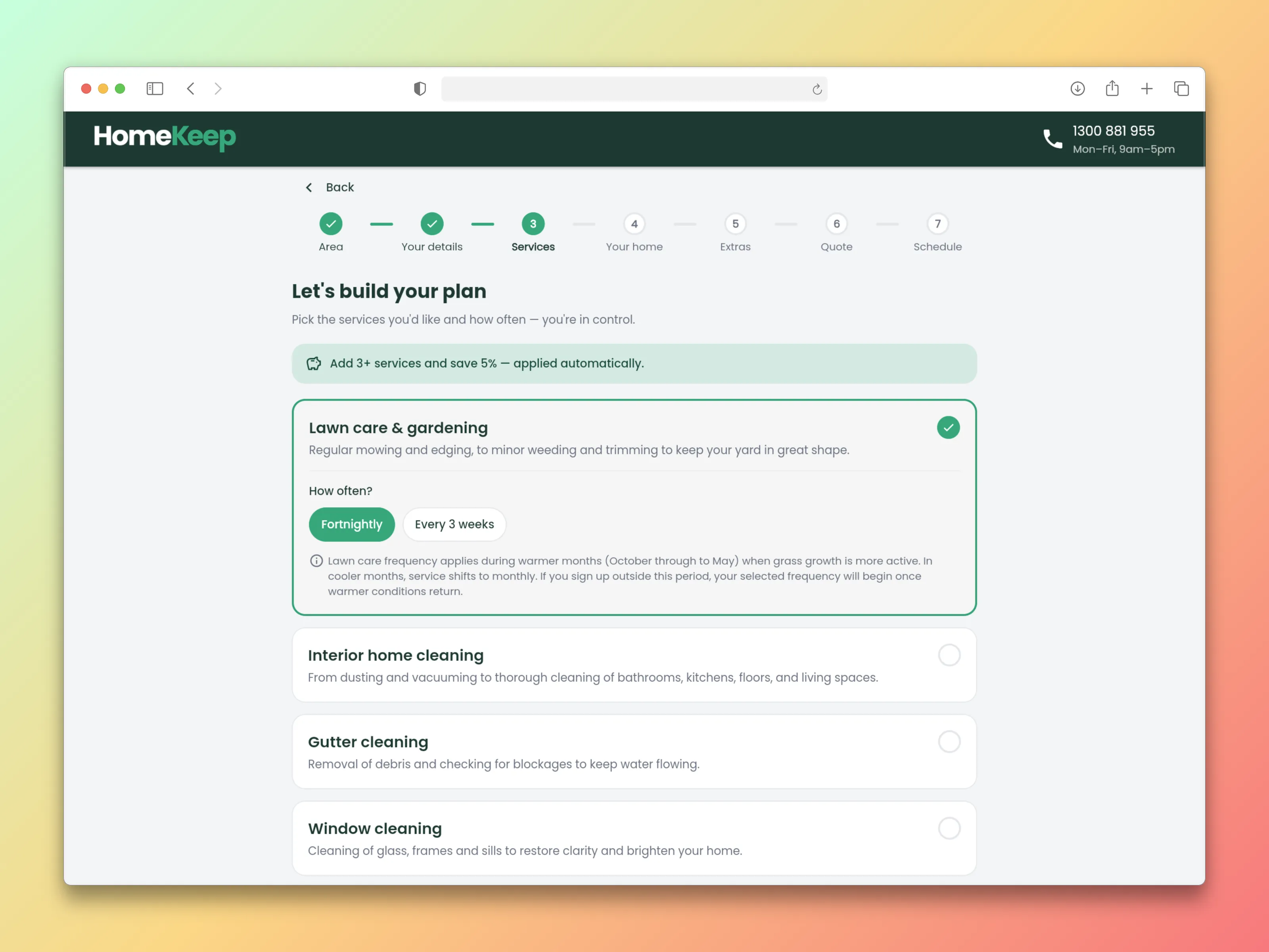 HomeKeep web flow for selecting recurring maintenance services and their frequency