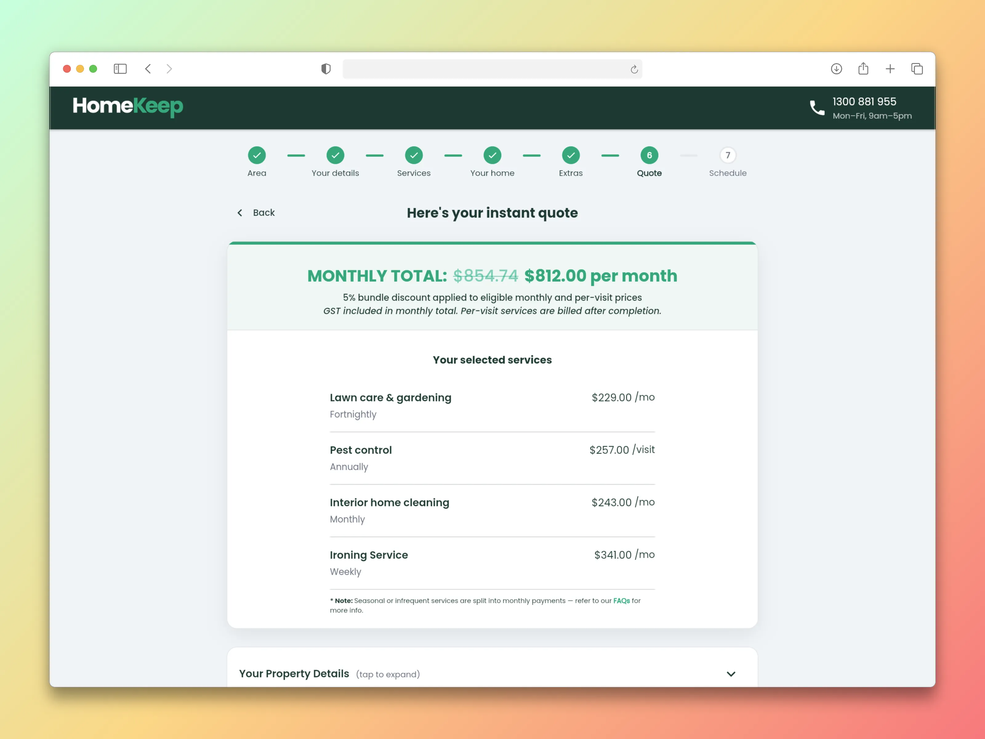 HomeKeep web flow showing an instant monthly quote and selected home-maintenance services