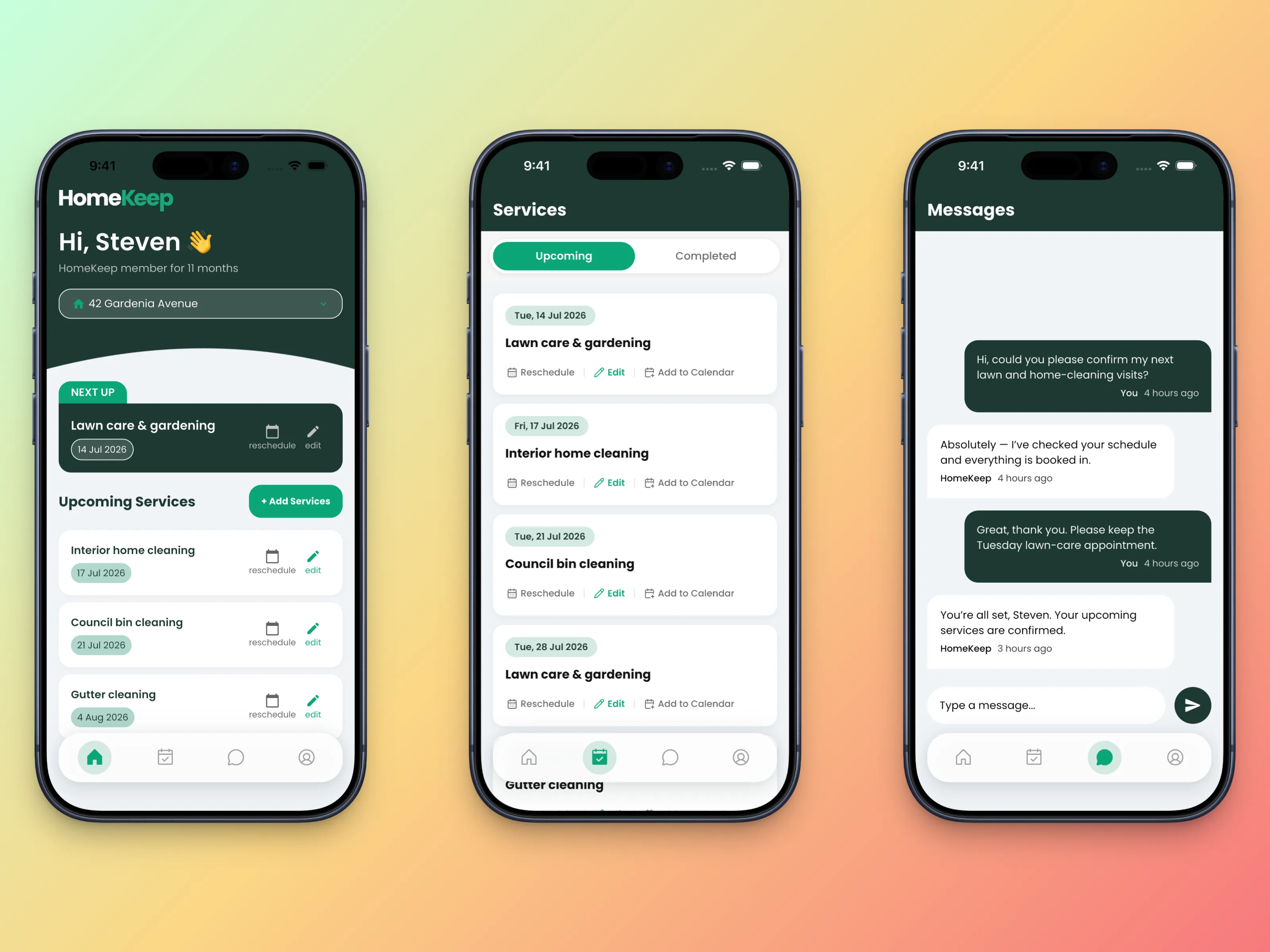 HomeKeep member app showing the dashboard, upcoming services, and customer messages
