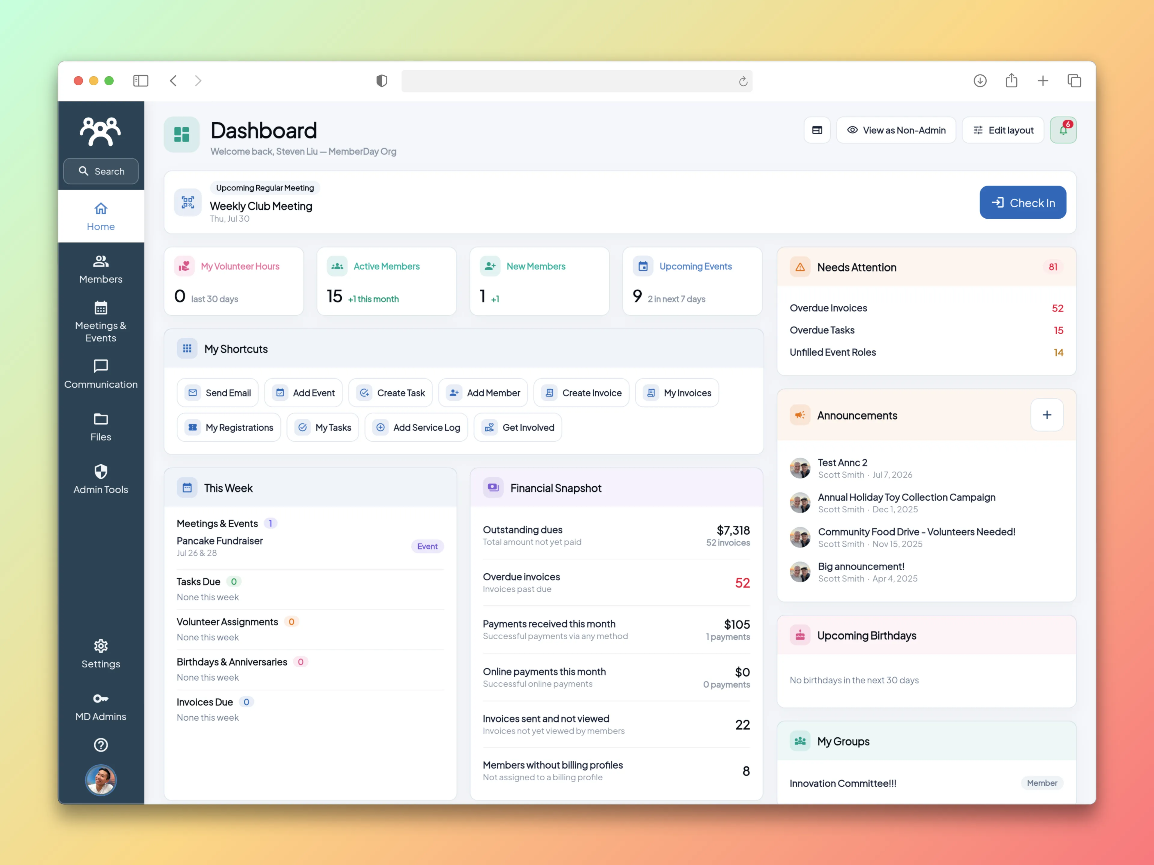 MemberDay operations dashboard with search, upcoming responsibilities, announcements, and groups