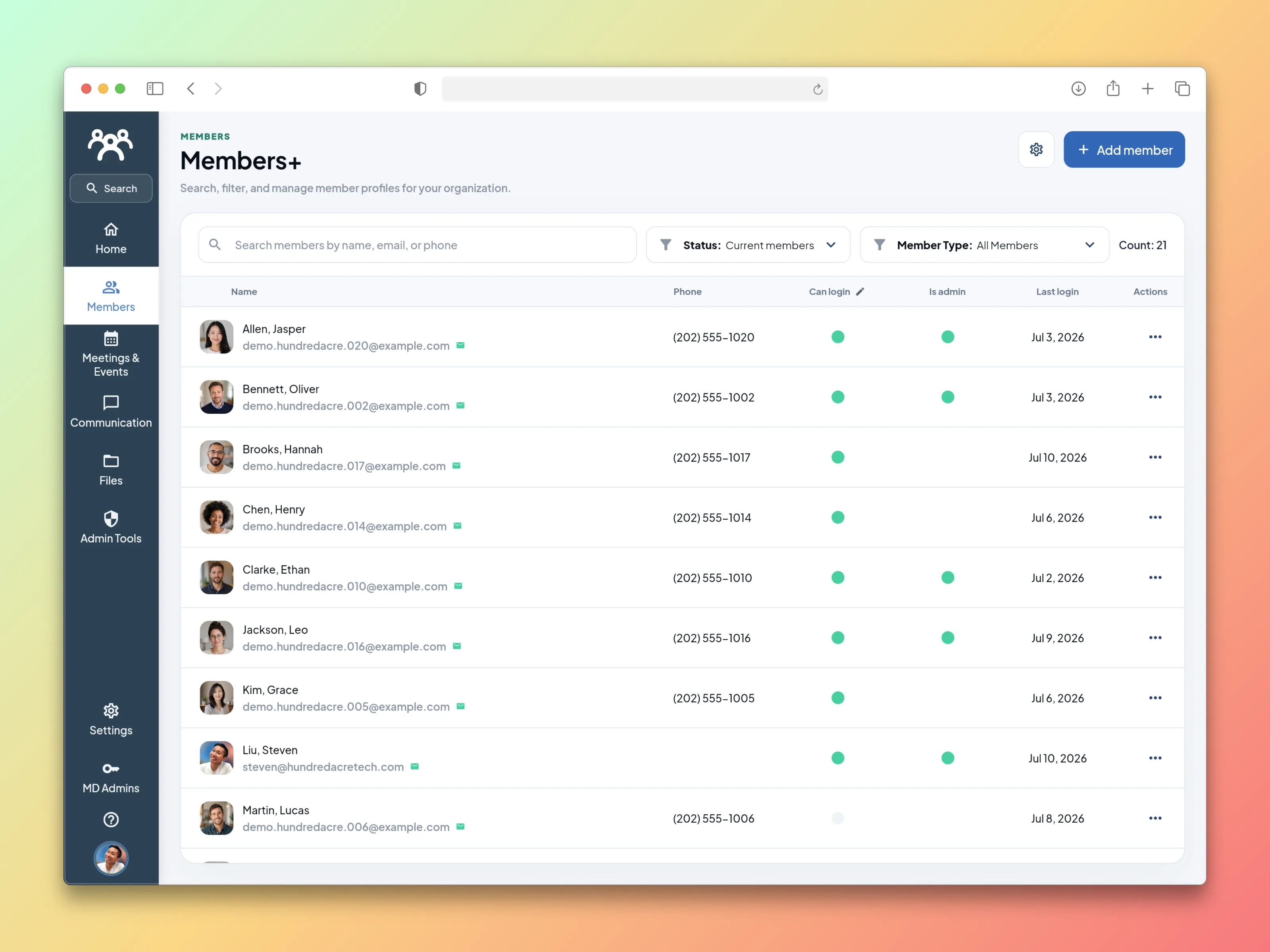 MemberDay member directory with profile search, filters, permissions, and login status