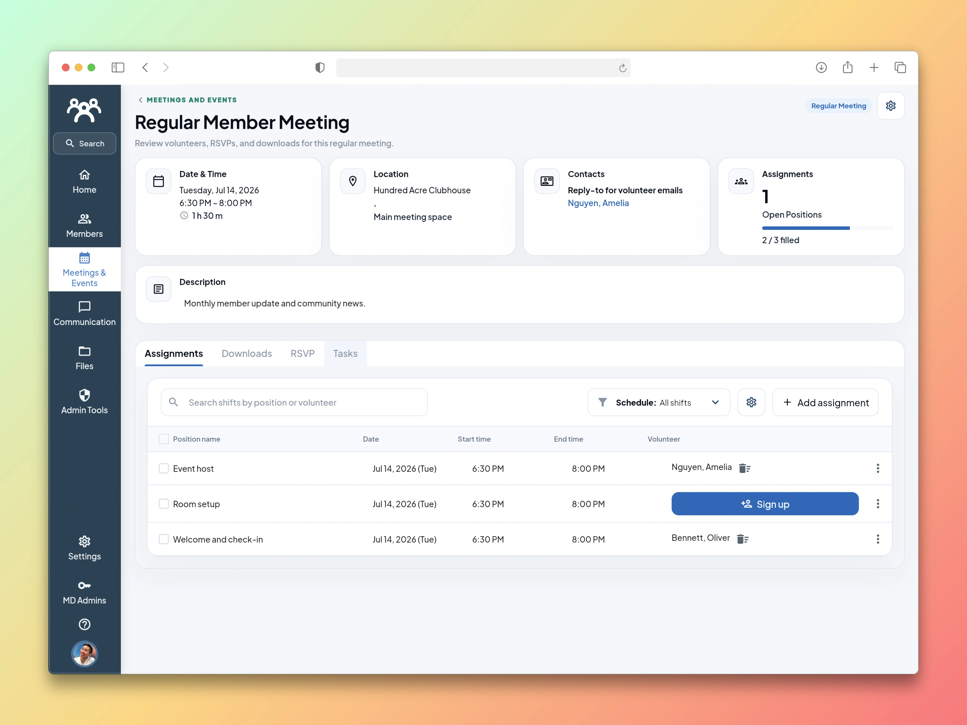 MemberDay meeting detail with event information, volunteer assignments, downloads, RSVPs, and tasks