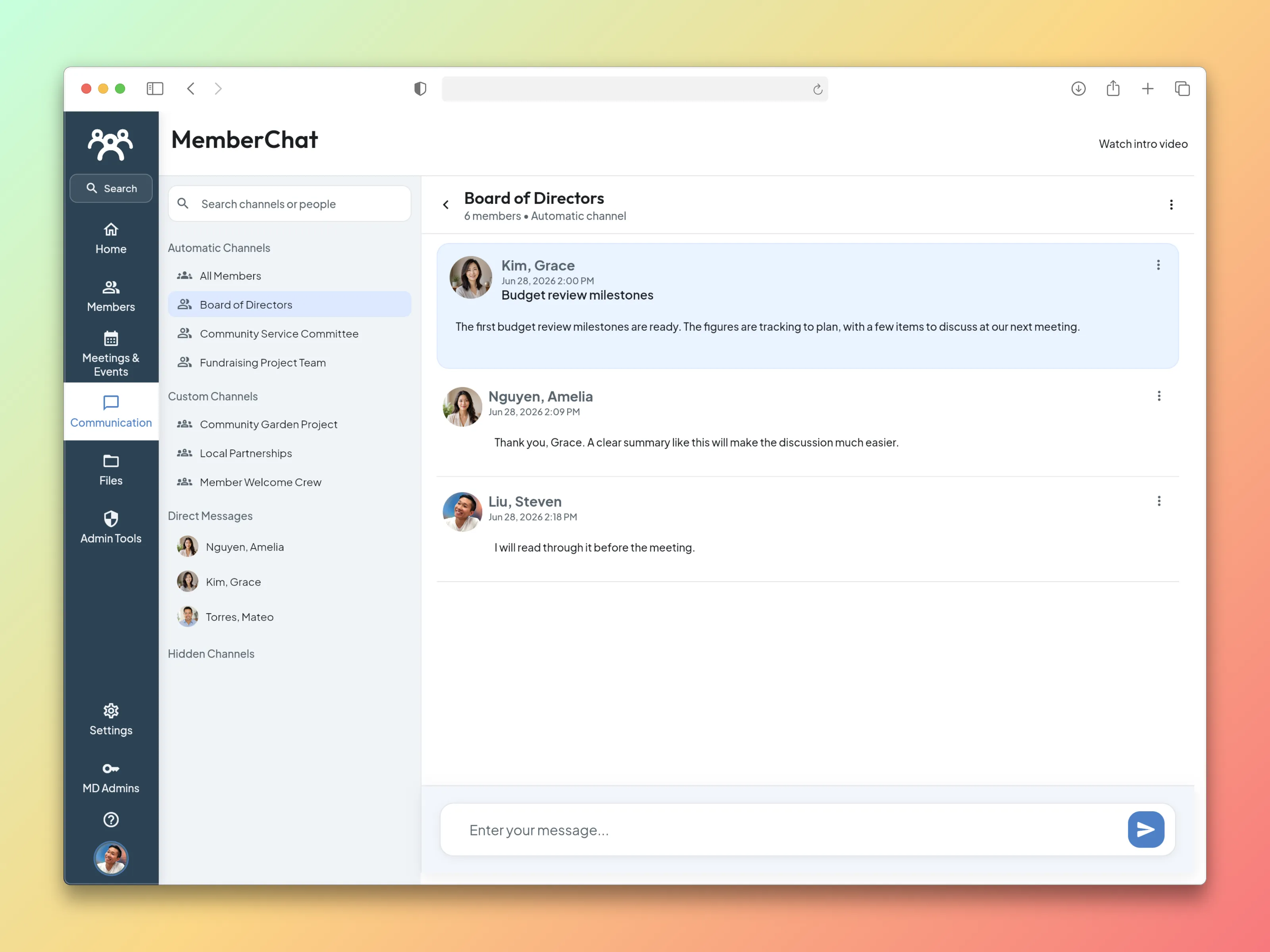 MemberDay MemberChat with automatic channels, custom groups, direct messages, and a board discussion
