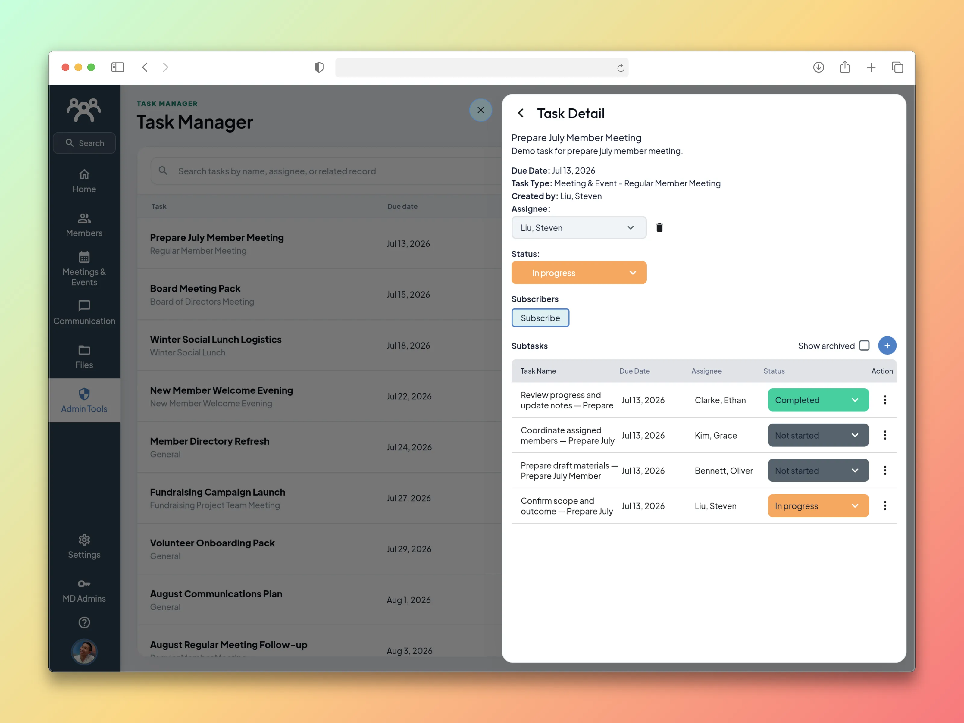 MemberDay task manager with assignee, due date, status, subscribers, and subtasks