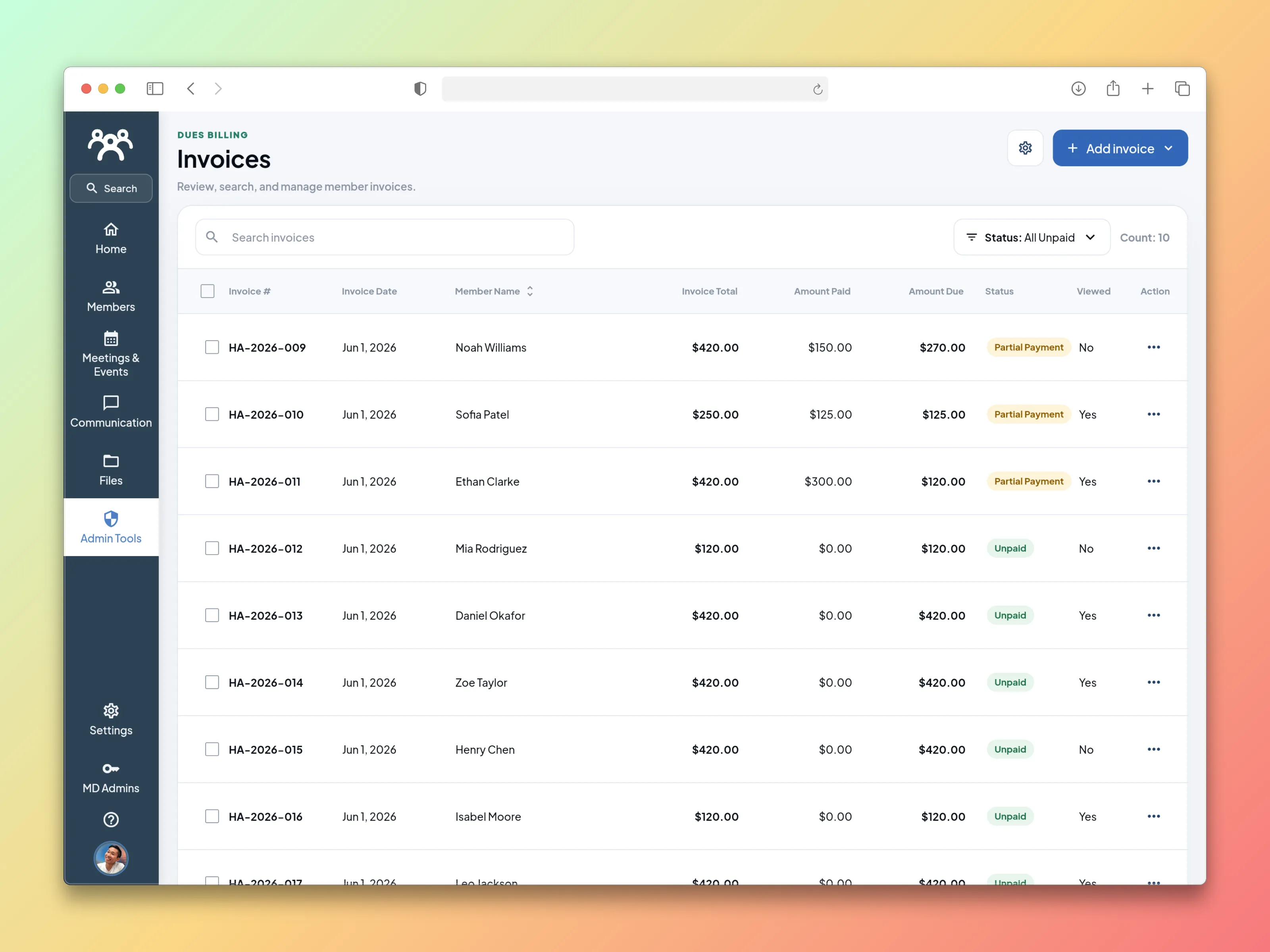 MemberDay invoice dashboard with member balances, payment status, and invoice actions