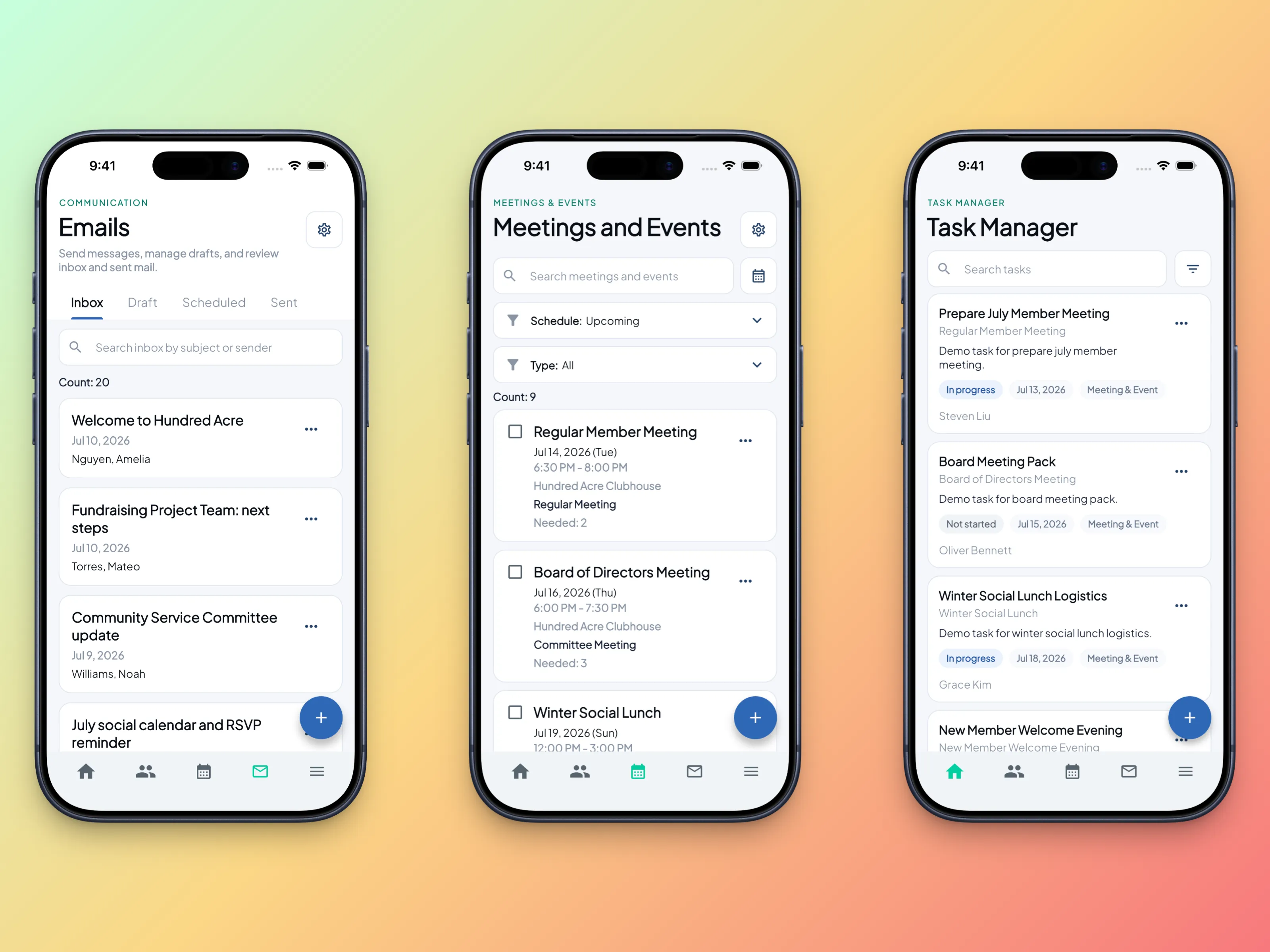 MemberDay mobile app screens for email, meetings and events, and task management