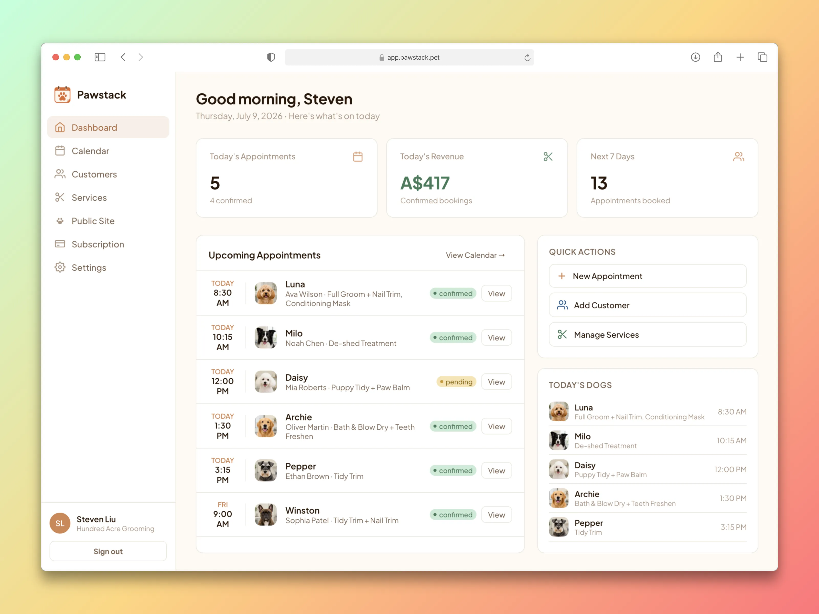 Pawstack groomer dashboard with appointment metrics and upcoming bookings