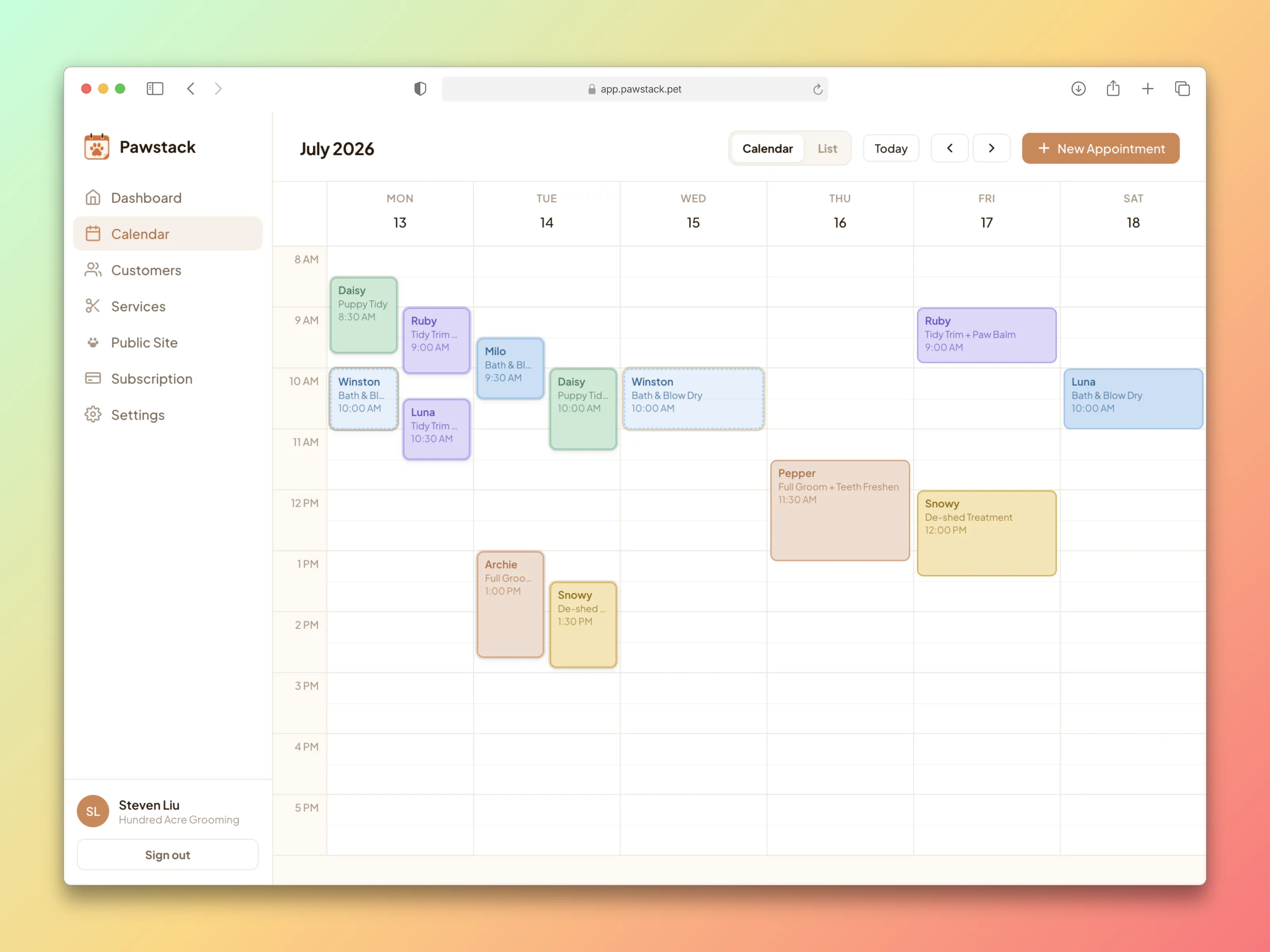 Pawstack calendar showing weekly grooming appointments