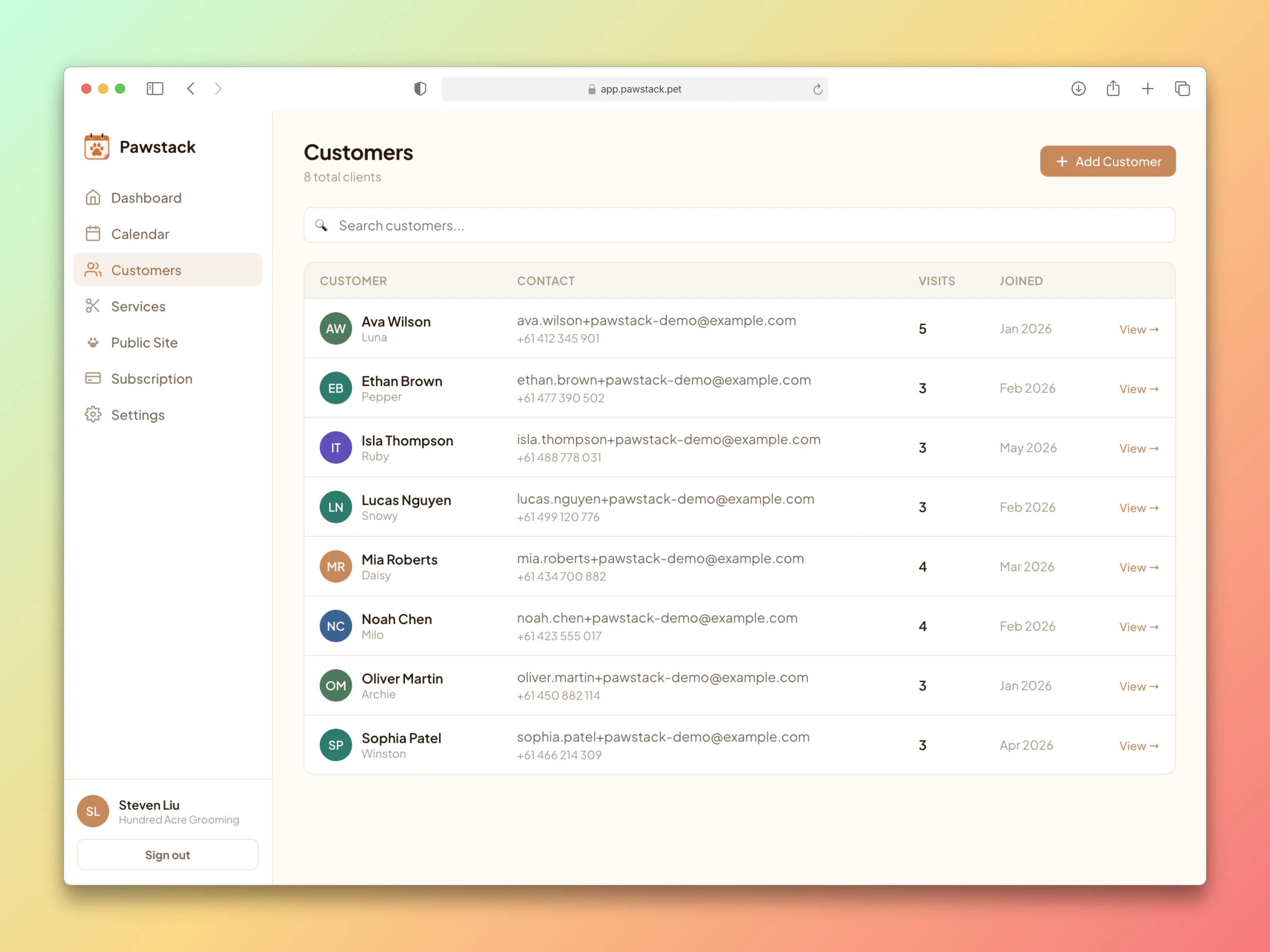 Pawstack customer record table for groomer clients and pets