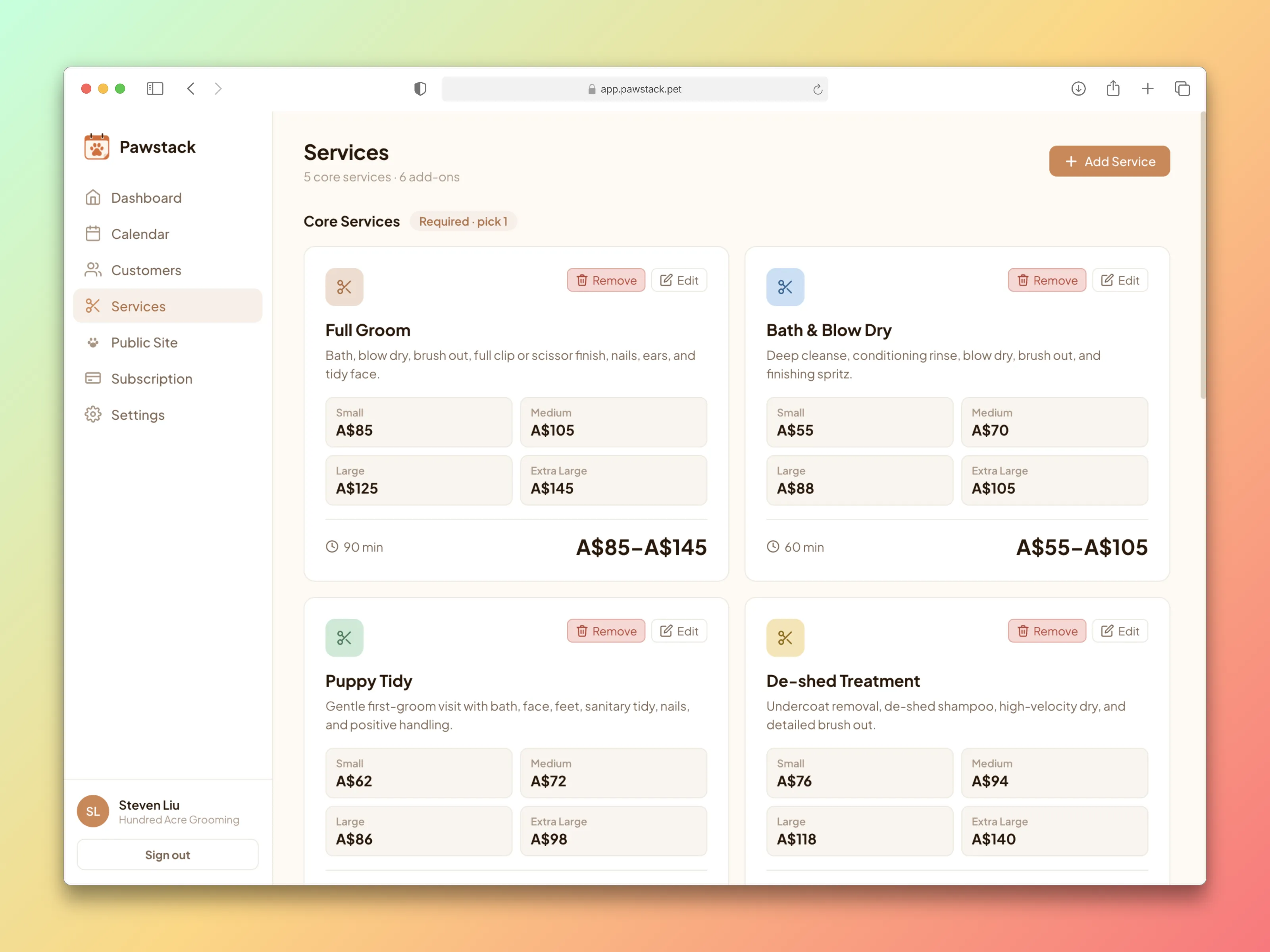 Pawstack service menu with dog-size pricing and durations