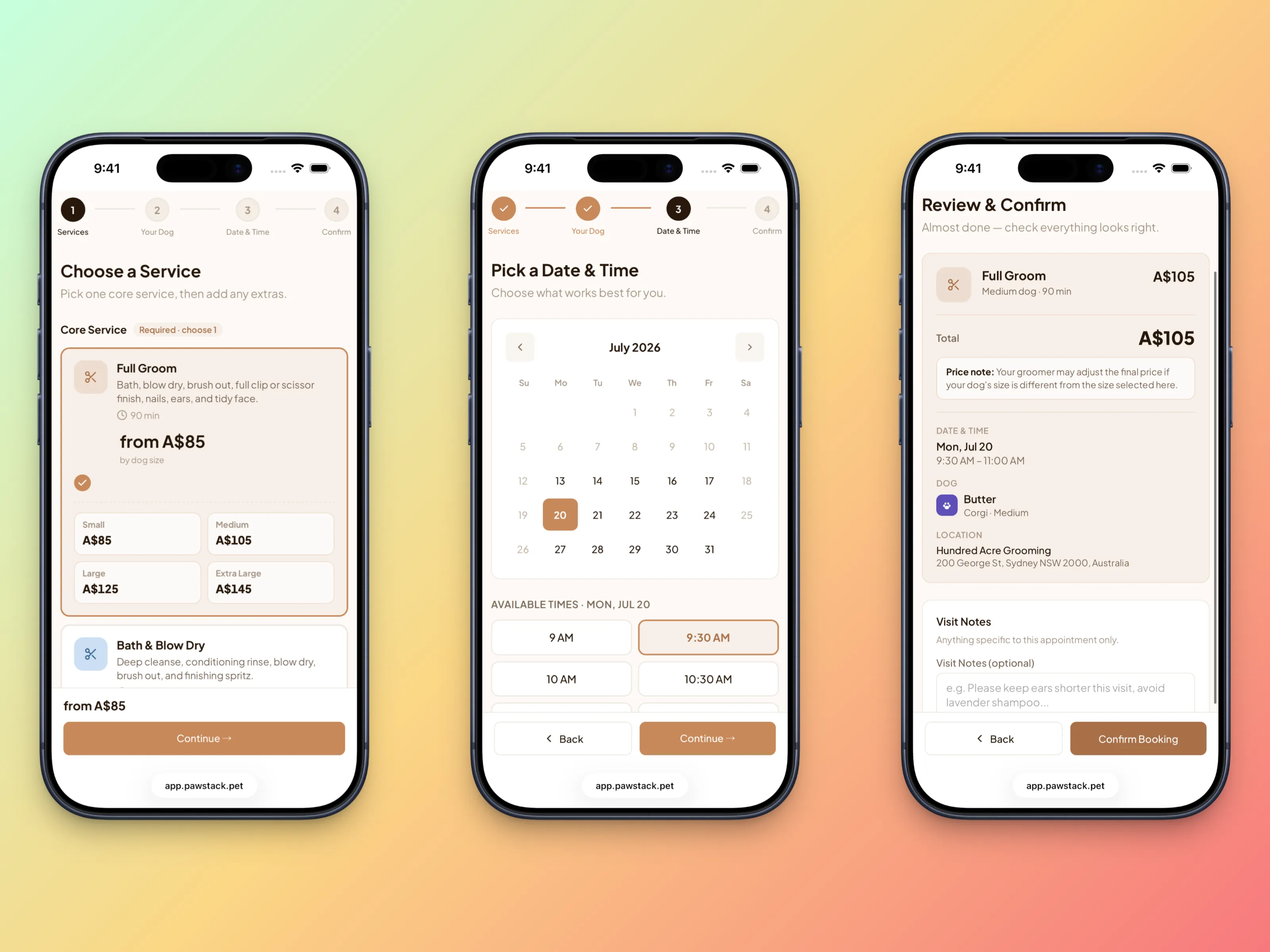 Pawstack mobile booking flow with service selection, date selection, and confirmation