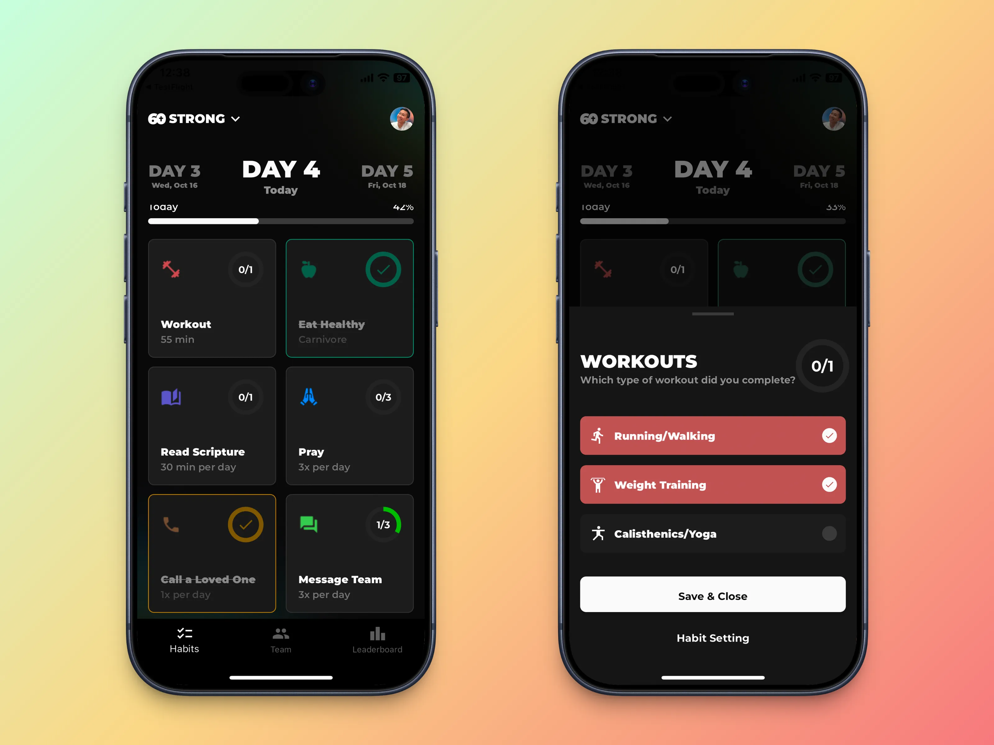 Sixty Strong daily habits screen showing exercise, healthy eating, scripture reading, prayer, and relationship practices