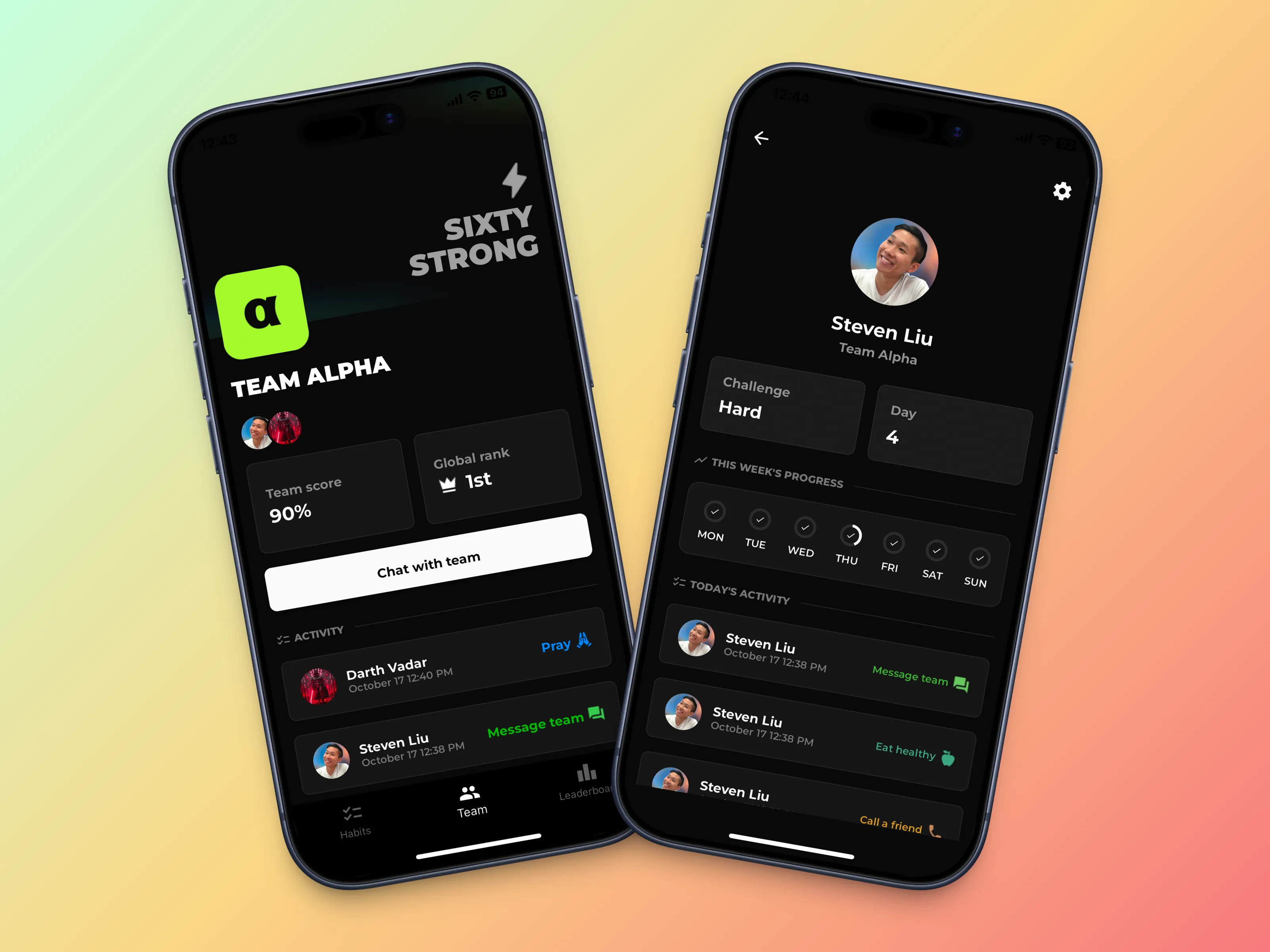 Sixty Strong team dashboard and member profile showing challenge progress and team activity