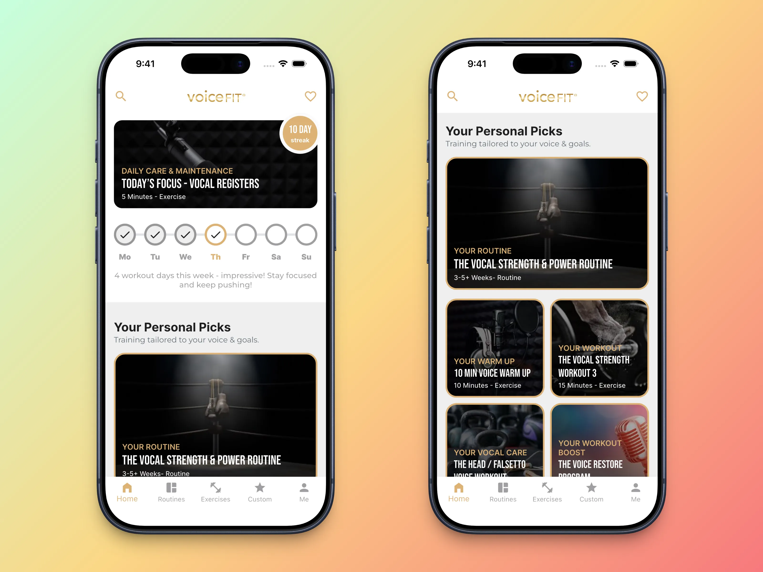 VoiceFIT home and personal picks screens