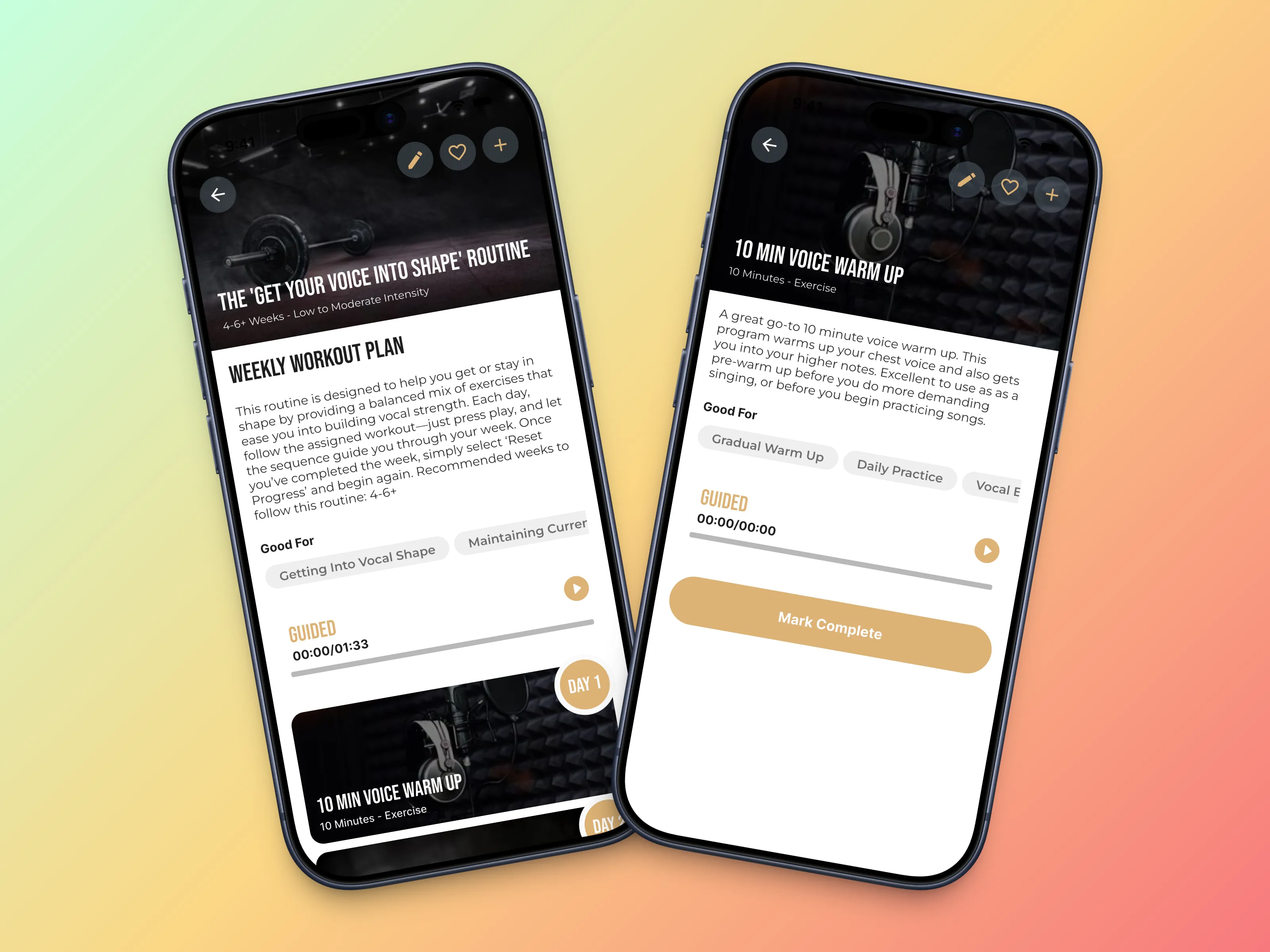 VoiceFIT routine detail and guided warmup screens