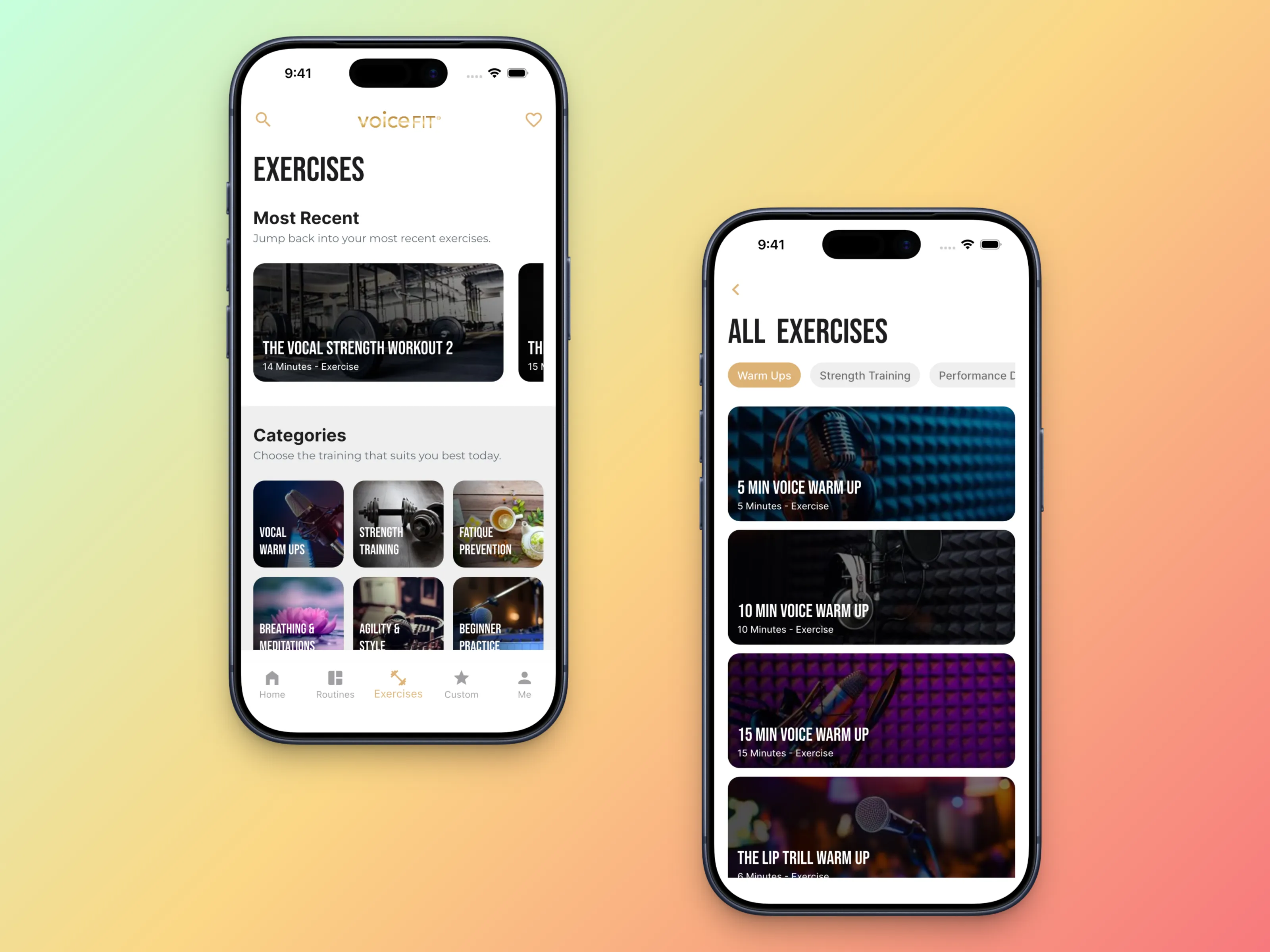 VoiceFIT exercise category and all exercises screens
