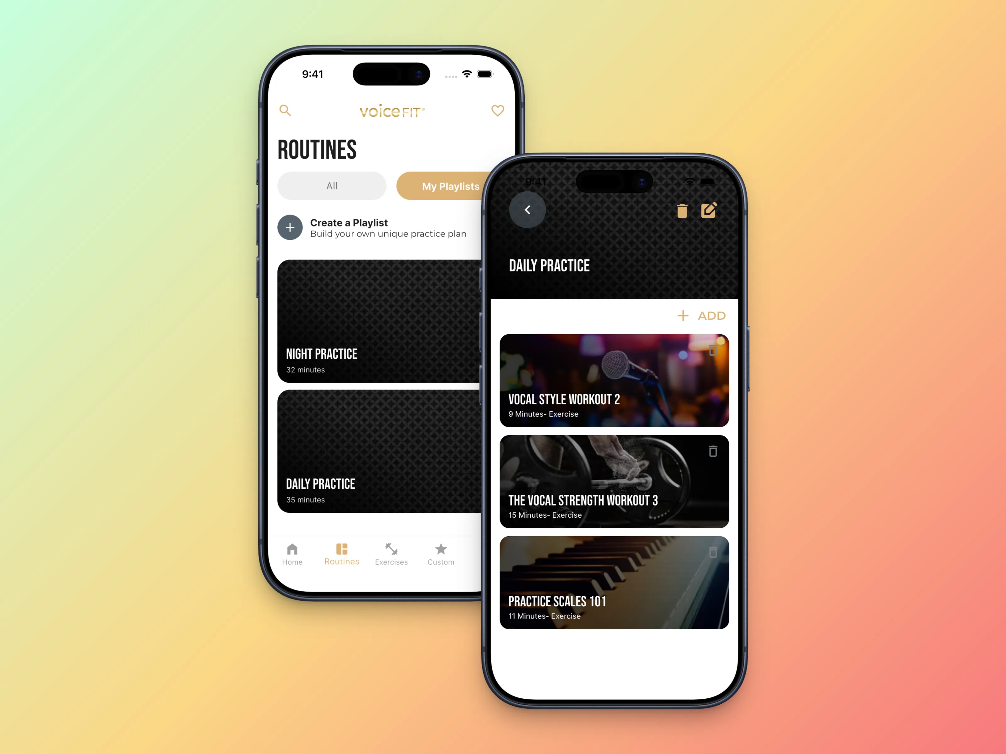 VoiceFIT routines and playlist builder screens