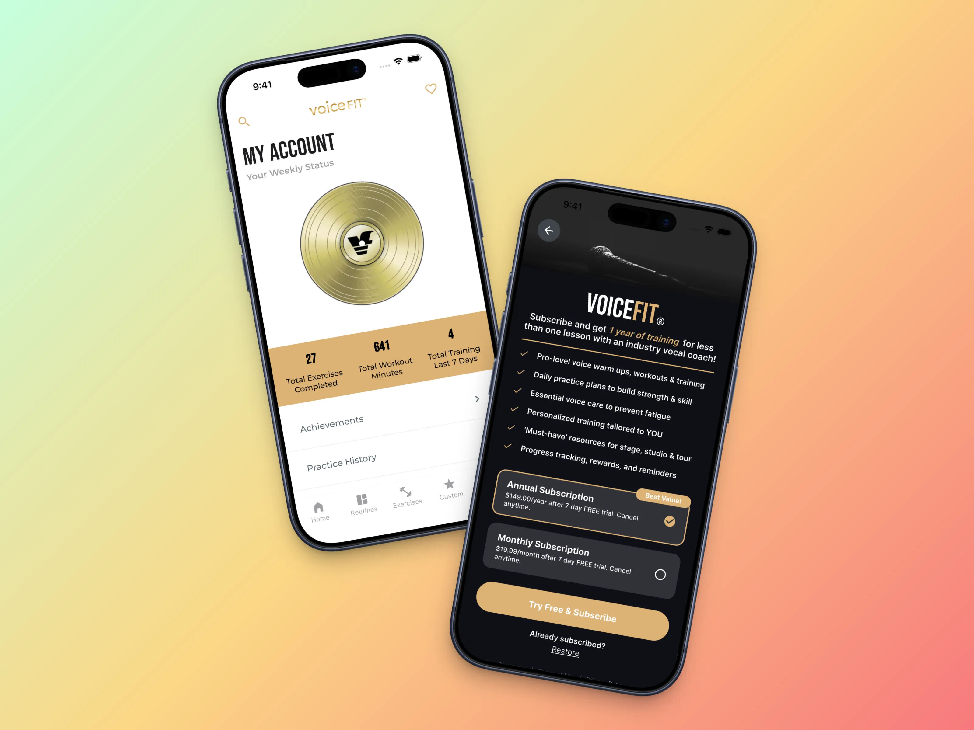 VoiceFIT account progress and subscription screens